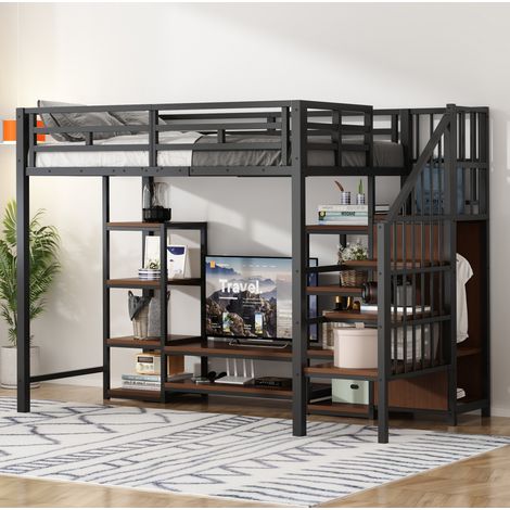 Bett Hochbett platzsparend 90x200 Metall Schwarz OKMYHOME (1/5)