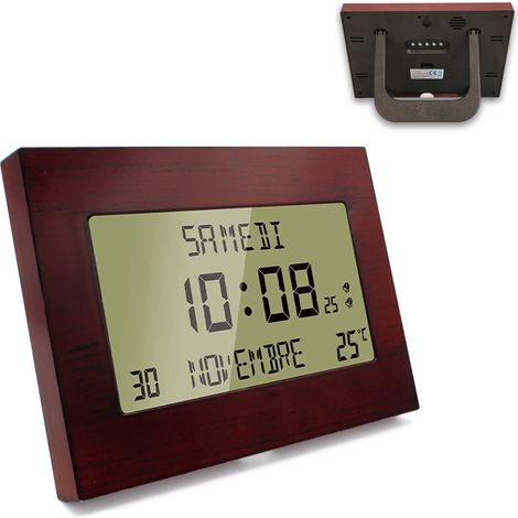 Horloge digitale radiopilotée à poser ou murale – Grand écran 17,2 x 9,5 cm – Double alarme avec fonction snooze – 8 langues – Soldela