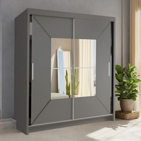 Modern Jinan Stylish Mirror Double Door Sliding Wardrobe 120cm - Grey