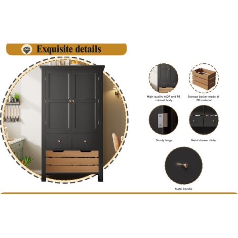 Armoire de cuisine (80x40x140 cm), grand comptoir de cuisine, meuble multi-usage, étagère pour les snacks. Meuble de rangement avec deux portes et cinq tiroirs, en couleur noire/blanche. (1/5)