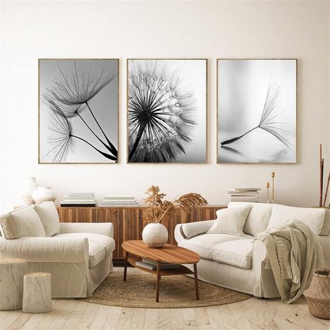 Lot de 3 posters muraux design-Motif pissenlit Sans cadre-Impression sur toile - Noir et blanc-Motif pissenlit-Pour décoration du salon - 50 x 70 cm (1/5)