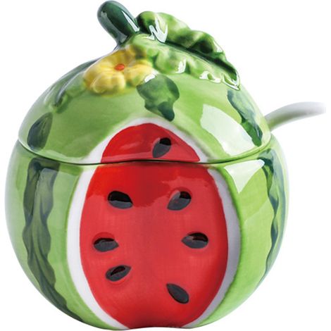 Gewürztopf in Wassermelonenform, multifunktional, spülmaschinenfest, Keramikbehälter mit Deckel, Salz- und Zuckerlöffel