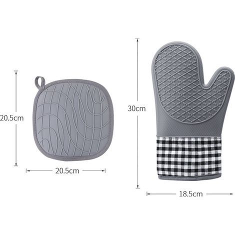 Gants de Cuisine Silicone Résistant à Chaleur et Antidérapant, Maniques pour Barbecue, Cuisine(gris (2 gants + 1 silicone gris + manique à carreaux) (1/3)