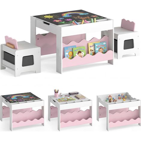 COSTWAY Table Enfant avec 2 Chaises et Plateau Réversible et Tableau Noir (Rose) (1/5)