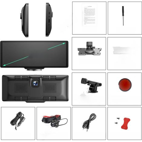 Caméra embarquée 4K de 10,26 pouces, compatible avec CarPlay et Android Auto sans fil, enregistreur vidéo numérique (DVR) embarqué à double objectif, avec fonctionnalité WiFi. (1/5)