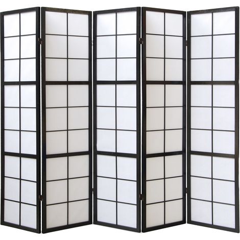 Pegane – Paravent japonais 5 pans en bois noir et papier de riz – Dimensions L217,5 x H178,6 cm – Charnières à double sens (1/4)