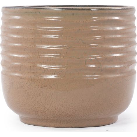 Vaso in ceramica artigianale Ø 20 cm marrone chiaro lucido con rilievo ondulato orizzontale (1/5)