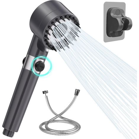 Pommeau de Douche Haute Pression Anti Calcaire - Douchette Salle de Bain avec Tuyau 1.47M et Support, 3 Jets, Filtre Intégré, Gris