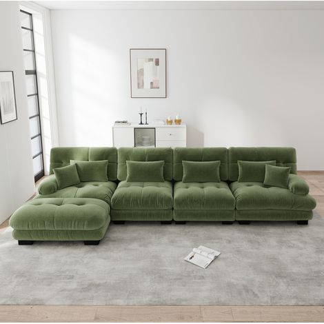 Sofá esquinero modular en L de 4 plazas en chenilla verde con puf móvil OKWISH (1/5)