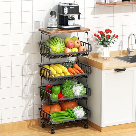 Panier de rangement pour fruits et légumes de cuisine, 5 niveaux empilables avec roulettes, structure en fil de fer, idéal pour la cuisine, le garde-manger et la salle de bain. (1/5)