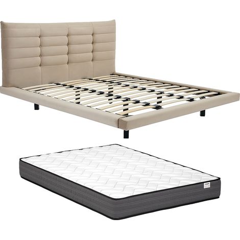 Lit 180 x 200 cm avec tête de lit capitonnée - Velours - Beige + Matelas - NISATIO