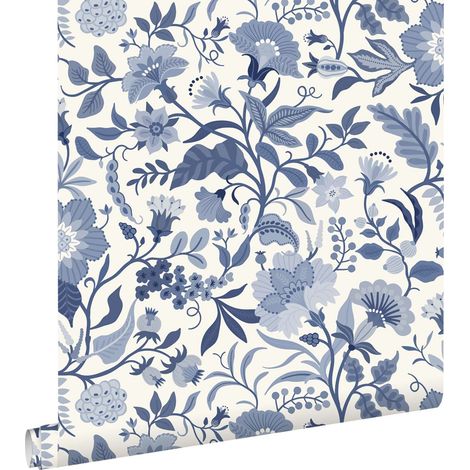 papier peint fleurs vintage bleu et blanc - ESTAhome (1/5)