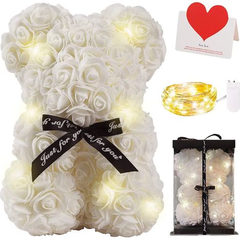 Ours en roses blanches de 25 cm avec guirlande lumineuse LED, cadeau élégant pour mariages, Saint-Valentin, anniversaires, coffret cadeau et carte inclus, fleurs éternelles, blanc (1/5)