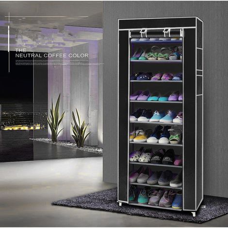 GROOFOO Room-saving 10-Layers 9 Lattices Non-woven Fabric Shoe Rack Black (1/5)