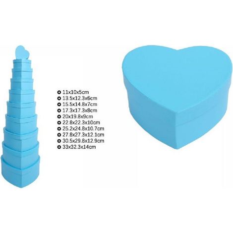 TrAdE Shop Traesio - Set 10pz Scatole Box Per Regali Varie Misure Matrioska Forma Cuore Celeste 71956 -