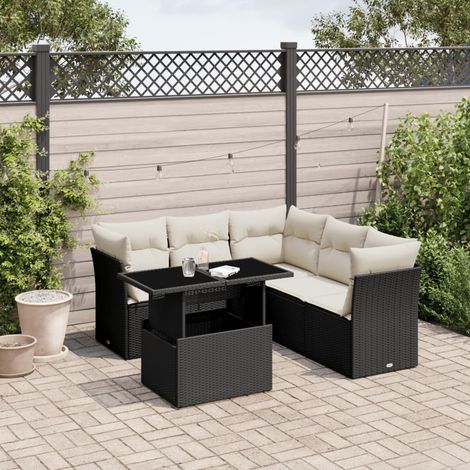 Ensemble salon jardin 6 places résine tressée noir avec coussins crème - Table réglable hauteur, meuble extérieur modulaire (1/5)