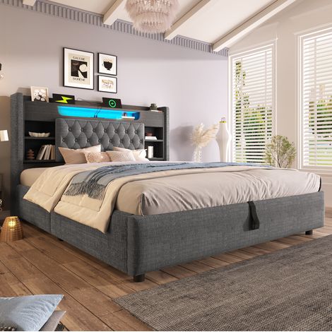 Cama 140x190 con almacenaje LED y USB lino OKMYHOME (1/5)
