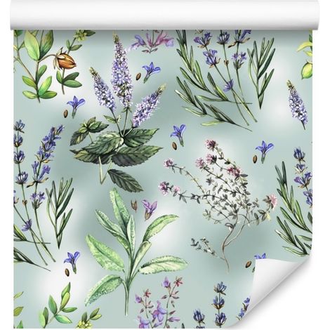 Papel pintado con motivos florales y lavanda para salón y dormitorio, 50x1000 cm. (1/5)