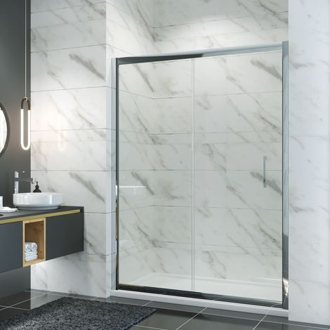 ELEGANT 1500mm Sliding Shower Screen Walk in Glass Wet Room 8mm Easy Clean Bathroom Cubicle with Shower Base Tray 1500x900mm and Waste Trap (1/5)