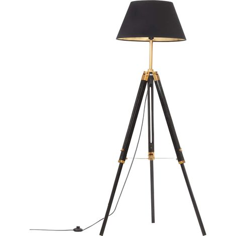 vidaXL Lámpara de trípode madera maciza de teca negro y dorado 141 cm (1/2)