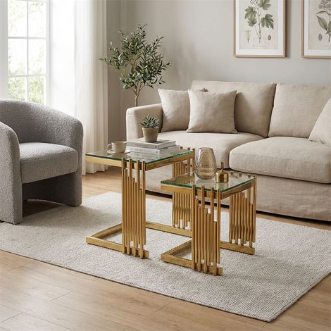 Lot de 2 Tables Basses Carrées 41x41x46 cm - Tables de Bout de Canapé en Verre Trempé et Pieds en Acier Inoxydable - Or & Clair (1/5)