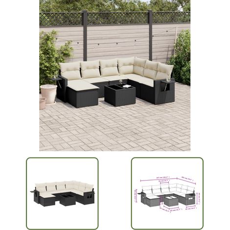The Living Store Salon de jardin 8 pcs avec coussins noir résine tressée - Ensemble Salon De Jardin - Meuble Extérieur - Résine Tressée - Rotin Synthétique - Mobilier De Jardin (1/3)