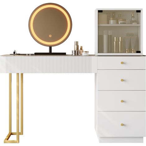 Coiffeuse avec miroir LED, 5 tiroirs et placard, blanc 120x40x120 cm (1/5)
