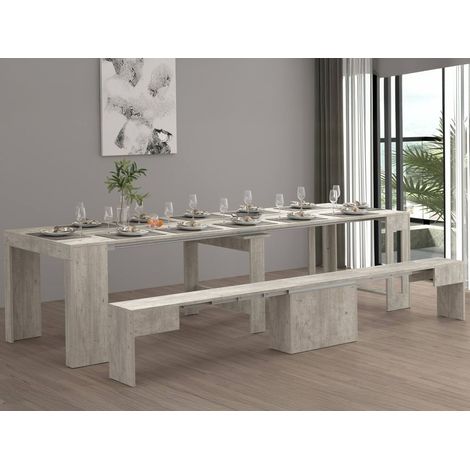 Dmora - Banco Yutu, Asiento para mesa de comedor, Banco individual extensible, 290x25h45 cm, Cemento (1/5)