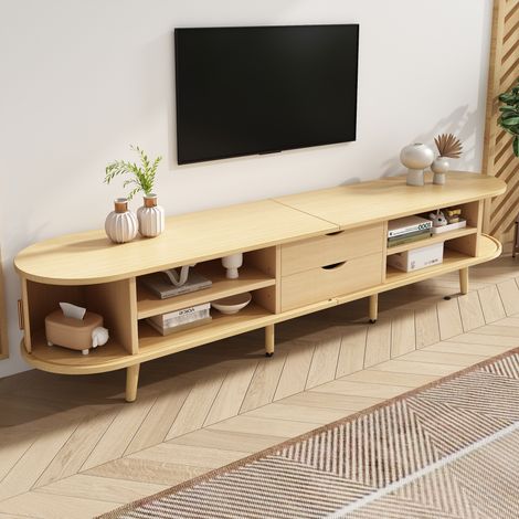 Meuble TV avec 2 Tiroirs, 2 Portes Coulissantes et Cloisons Réglables, MDF, Chêne Clair, 175×40×42 cm (1/5)