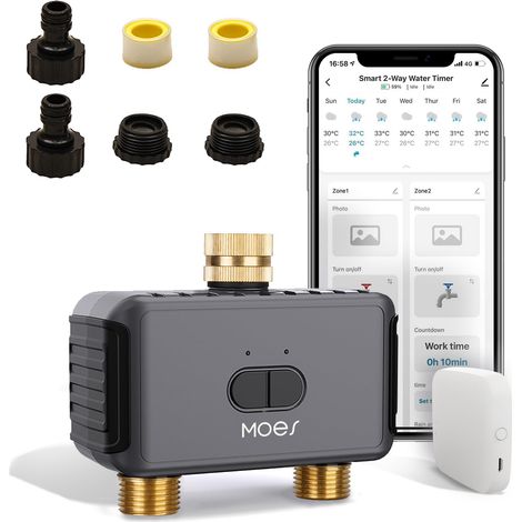 WiFi-Sprinkler-Timer, 2 Zonen, mit Messing-Einlass und -Auslass, Wasser-Timer für Gartenschlauchhahn, programmierbare Bewässerung mit 2 Ausgängen, intelligentes Bewässerungssystem für Rasen und Garten