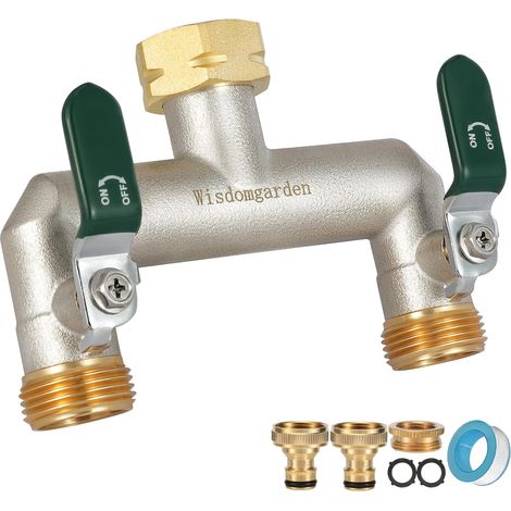 Répartiteur d'eau 2 Voies, en Laiton nickelé, pour Robinet de Jardin, Tuyau arrosage 2 Voies, raccord avec poignées Vertes, raccord Hexagonal avec adaptateurs 1/2 (1/5)