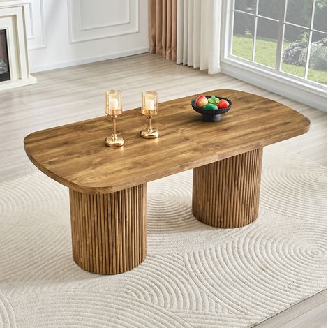 Mesa de comedor ovalada, base cilíndrica acanalada, para 6 a 8 personas, MDF, color madera (1/5)