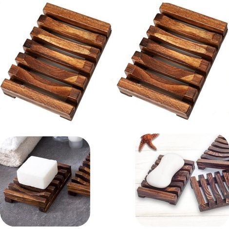 Porte-savon en bois lot de 2 - supports à évacuation 8 x 11,5 cm, bruns (1/5)