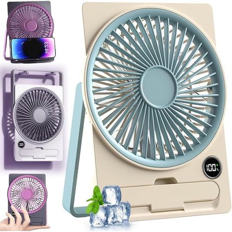 Mini ventilateur format carte de visite avec support pour téléphone - Rechargeable ultra-silencieux - Inclinable à 180° et pliable - 6 vitesses - bleu (1/5)