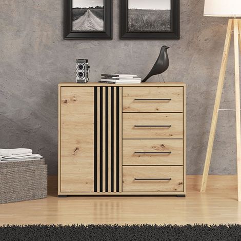 Credenza Boscone, Madia 4 Cassetti, un Ripiano, Apertura Battente e Scorrevole, 93x40x82h cm Marrone Rovere Nodi (1/5)