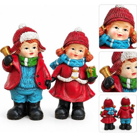 Duo d'Enfants d'Hiver Statuette en Resine Rouge et Bleu 10.8 x 6.6 cm Figurine Decoration de Noel pour Interieur (1/5)