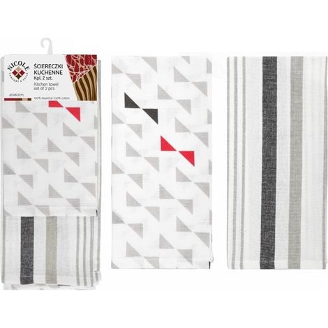 2 torchons de cuisine en coton, 40 x 60 cm, blanc, gris, rouge, à rayures et à triangles
