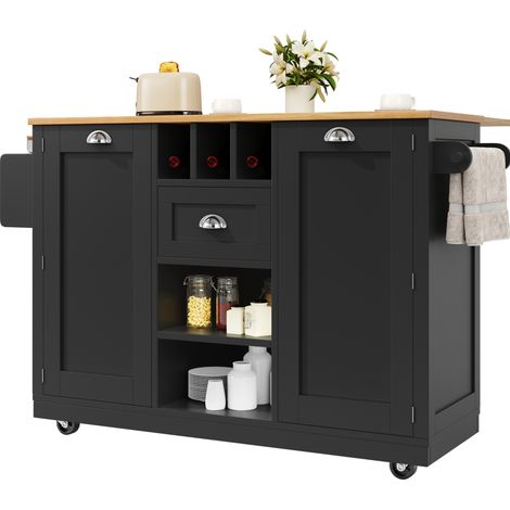 Îlot de cuisine mobile noir avec plateau rabattable, rangement, casier à vin, tiroirs, porte-serviettes et roulettes freinées, en MDF, pratique, CHICFURN (1/5)