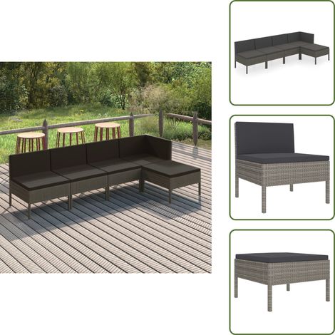5-tlg. Garten-Lounge-Set mit Auflagen Poly Rattan Grau - Gartenmöbeln - Loungemöbel - Outdoor-Möbel - Rattanmöbel - Sofa Set (1/5)