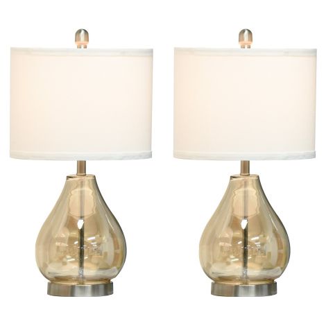 Lot de 2 lampes de table Culot E27 Lampe de chevet 40 W Verre Lin Métal Ambre Ø 30 x 56 cm
