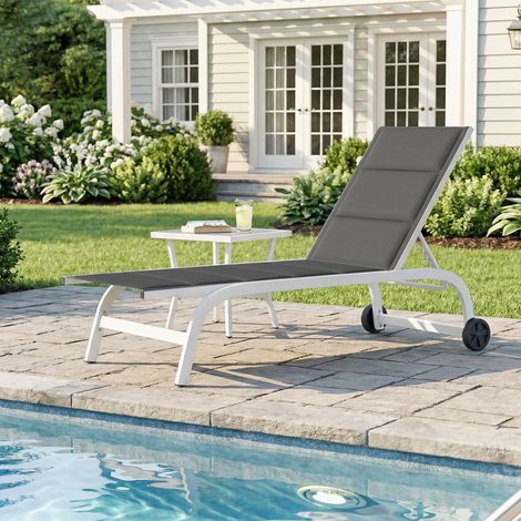Chaise longue de jardin à roulettes, en Texteline avec structure en aluminium, gris foncé et blanc (1/5)