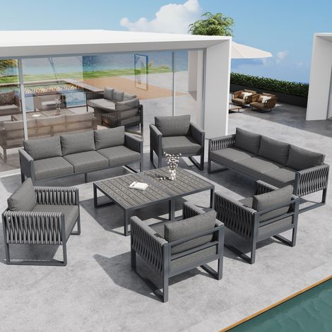 Ensemble de meubles de jardin ,Canapé d'extérieur 10 places avec pieds réglables, rembourré et structure métallique en acier inoxydable, gris (1/5)