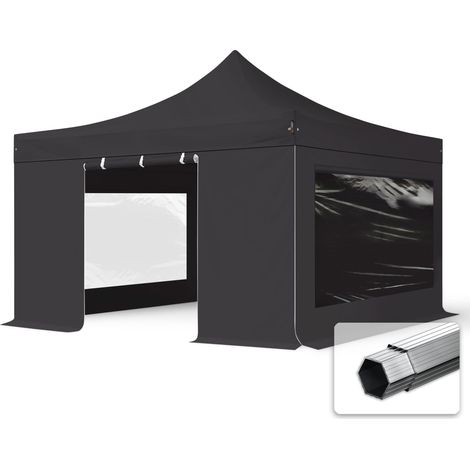 4x4m Pop Up Gazebo PROFESSIONAL Aluminium 40 mm, incl. Sidewalls with Panorama Windows, fire resistant, black Long-Life PVC