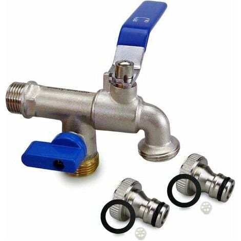 BUNTHAUS Robinet Haut de Gamme avec Double Sortie, Robinet de soutirage 1/2\" x3/4\" x3/4\" résistant à la Rouille et au Gel avec 2 raccordements tuyaux pour Jardin, Machine à Laver ou citernes.