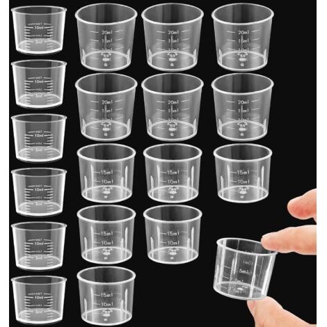 QORVA-Lot de 15 mini gobelets doseurs transparents pour liquide de cuisine - 10 ml, 15 ml, 20 ml - En plastique transparent - Avec graduation