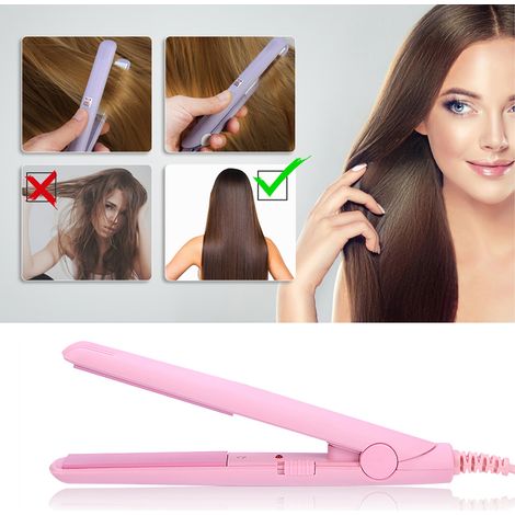 Fer à lisser 2 en 1 mini avec plaques en céramique et tourmaline, lisseur chauffant rose pour cheveux, prise UE. (1/4)