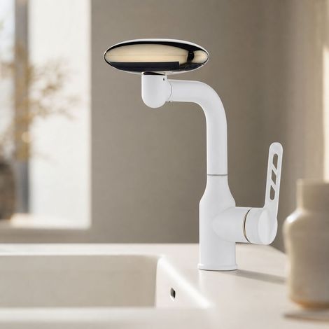 Robinet lavabo cascade 4 modes rotatif mitigeur eau froide et chaude en acier inoxydable blanc (1/5)