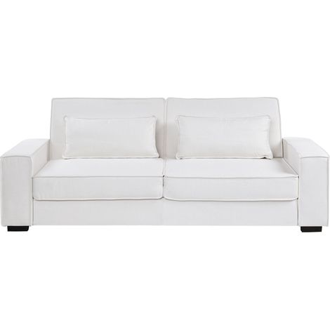 Divano letto a 3 posti con rivestimento in tessuto e cuscini Meccanismo letto Click-Clack Gambe in plastica Soggiorno Camera da letto Bianco Arole