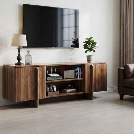 Meuble TV style ferme du milieu du siècle, 140cm (55 pouces), portes doubles, étagères ouvertes (pour TV jusqu'à 122cm ) - Noyer (1/5)