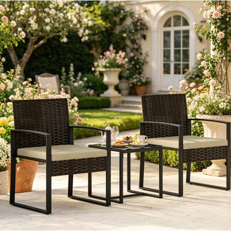 Set bistrot da esterno in rattan PE nero 55x58x76 cm, facile da montare FloraGrace (1/5)
